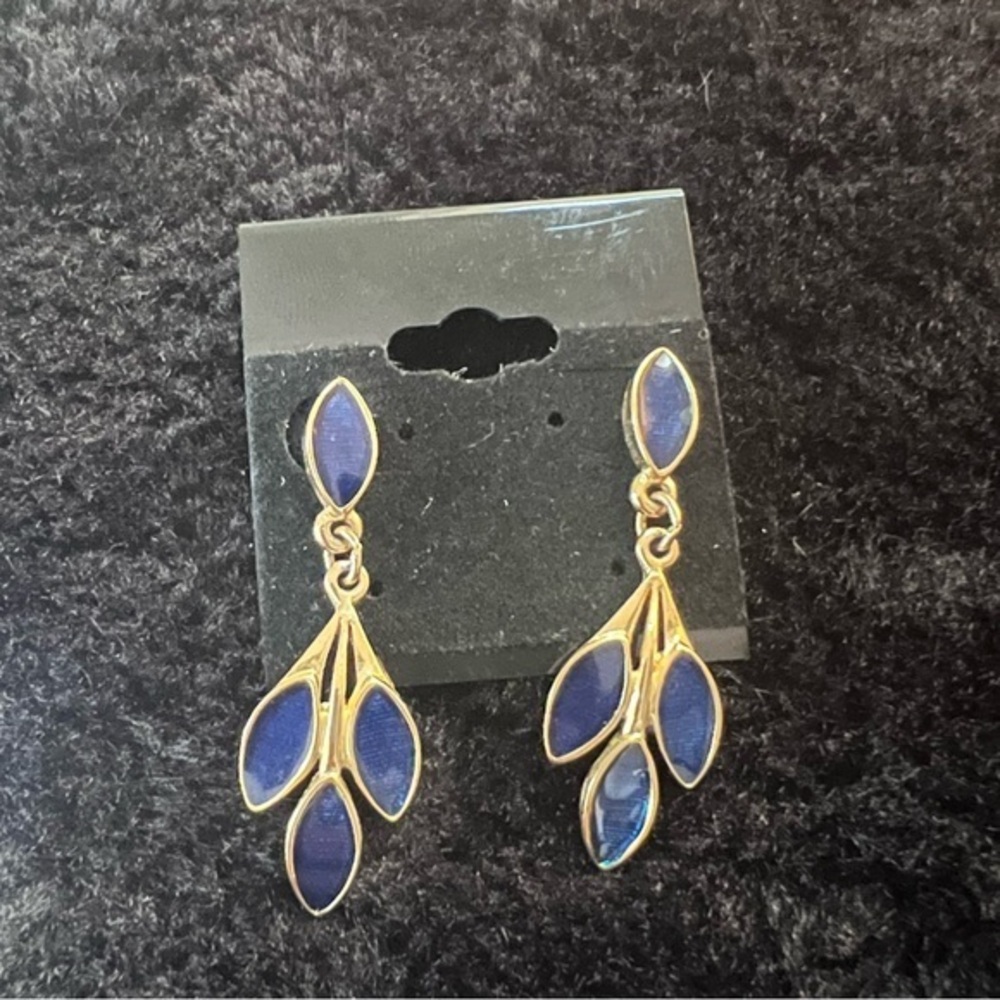 Vintage Stunning Blue & Gold Dangle Fashion Costume Earrings -Preowned